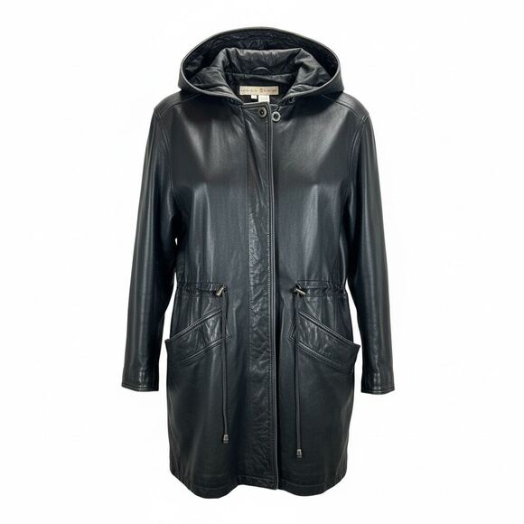 Preswick & Moore Vintage Black Hooded Leather Parka Jacket Cinch Waist Large
